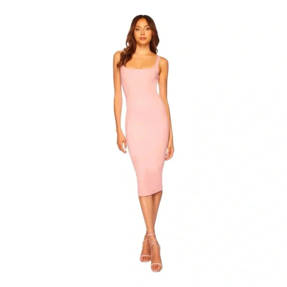 Susana‎ Monaco solid off-shoulder dress PEACH midi back cutout bra-friendly S - Picture 1 of 7